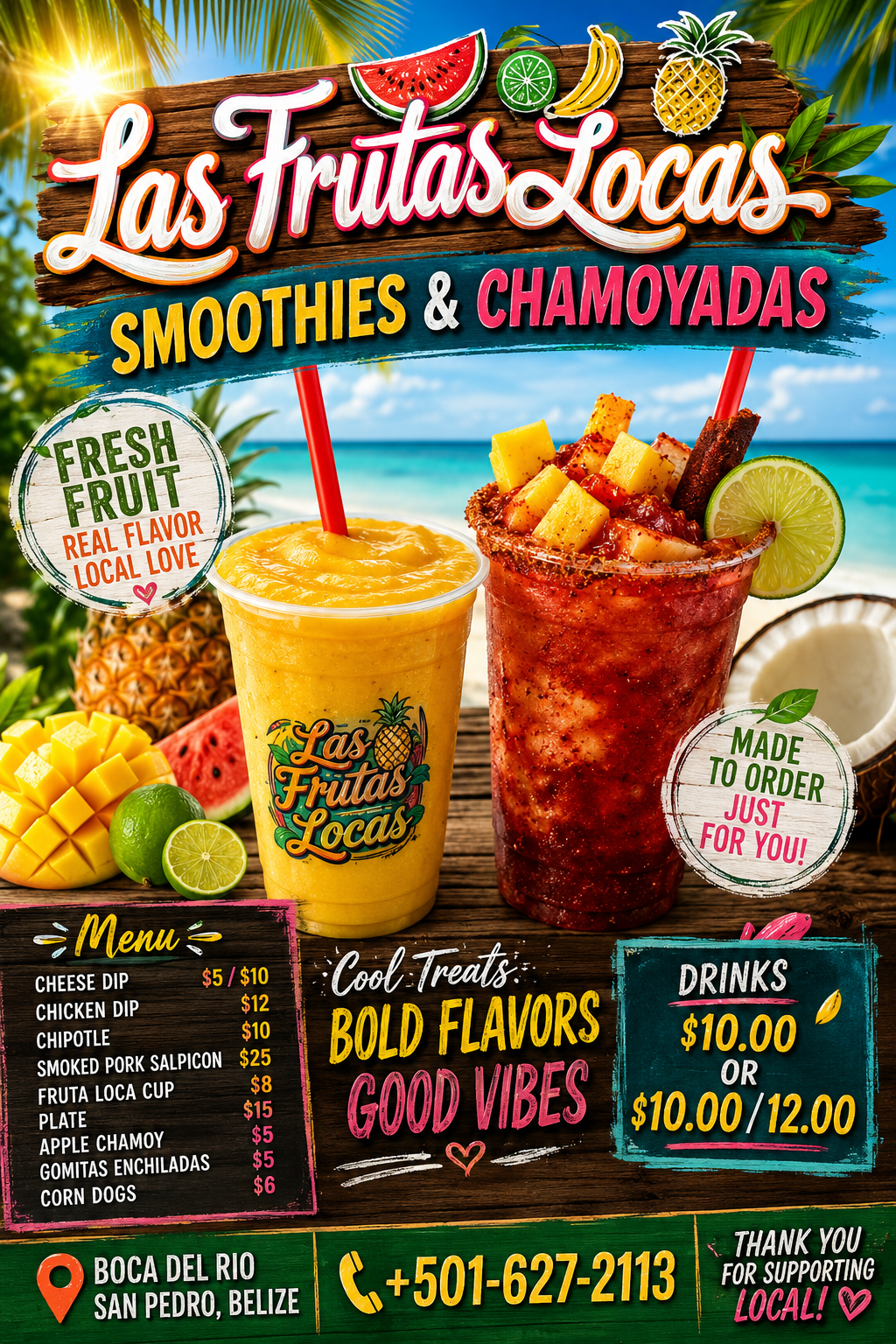 Fresh tropical fruit smoothies in San Pedro, Belize